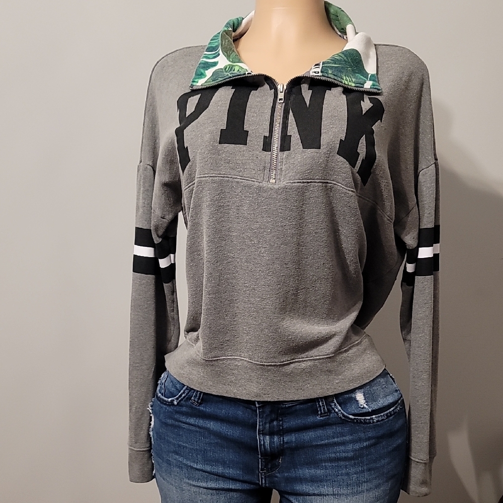 PINK Victoria's Secret Gray and Black Quarter-Zip Sweatshirt